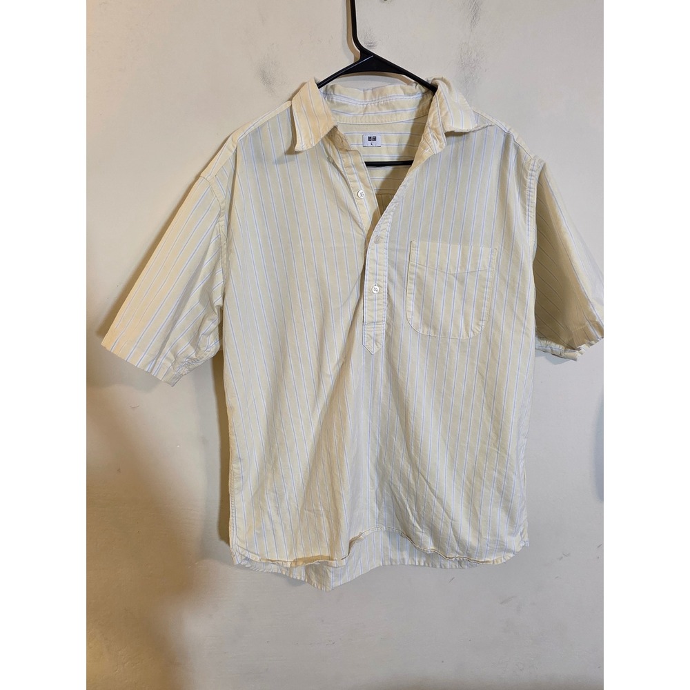 Uniqlo Mens Large Yellow White Striped Short Sleeve Cotton Popover Shirt 457803